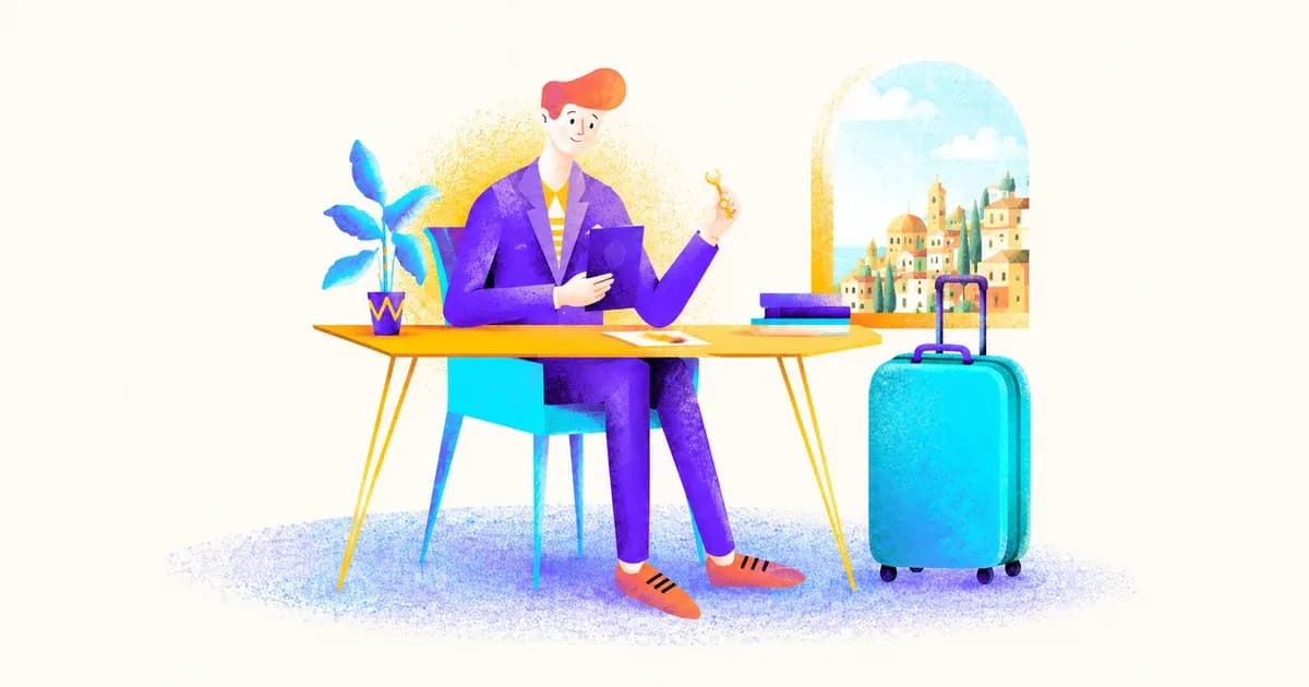 Illustration of a person preparing documents and luggage for a move to Italy.
